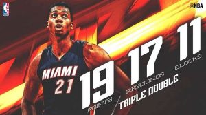 Hassan Whiteside necesita 105 partidos para su tercer triple-doble con +10 tapones