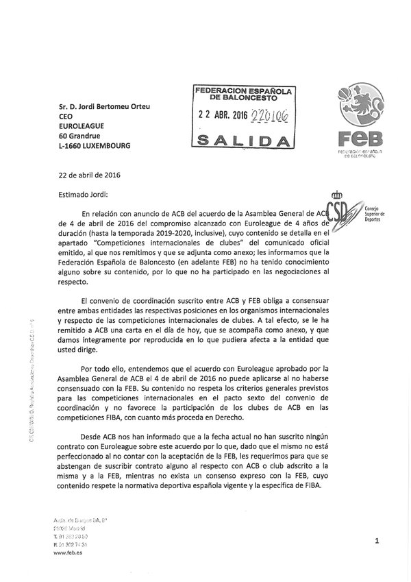 La FEB insta a Euroliga a no suscribir acuerdo alguno con la ACB