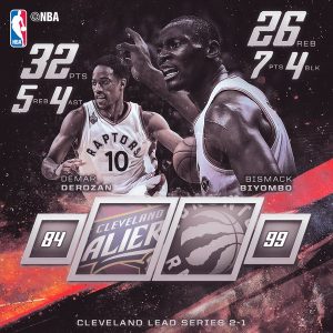Biyombo y DeRozan, héroes de Toronto; los Cavs pierden su imbatibilidad