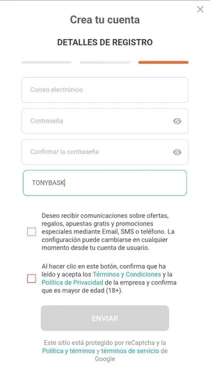 Tonybet registro con codigo promocional