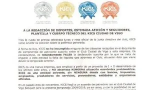 La empresa KICS, patrocinadora del Ciudad de Vigo, asegura estar al día en sus compromisos con el equipo y se plantea romper su vinculación con el club por falsas acusaciones